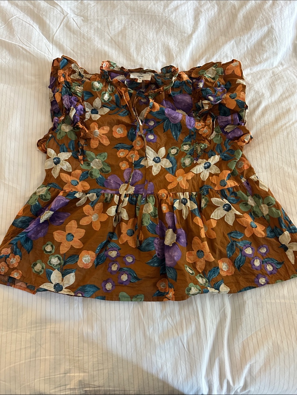 entro Rust Floral Ruffle-Sleeve Peplum Blouse with Purple & Cream Flowers